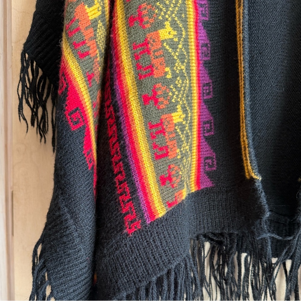 Alpaca Connection Alpaca Wool Ruana Wrap Peru Black Multicolor Unisex OS - Picture 5 of 13